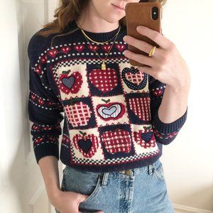 Adorable Vintage Crochet Hand Knit Embroidered Apple Heart Fair Isle Sweater - S